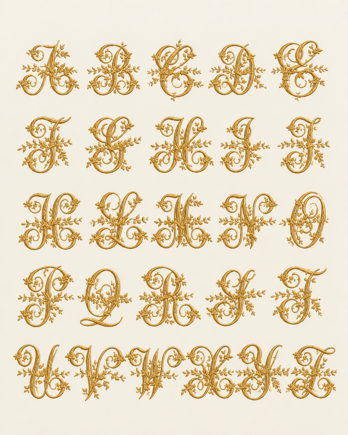 A sheet of ornate decorative capital letters A through Z in a metallic gold tone, each styled with floral and scroll motifs, arranged in rows on a light cream background.
