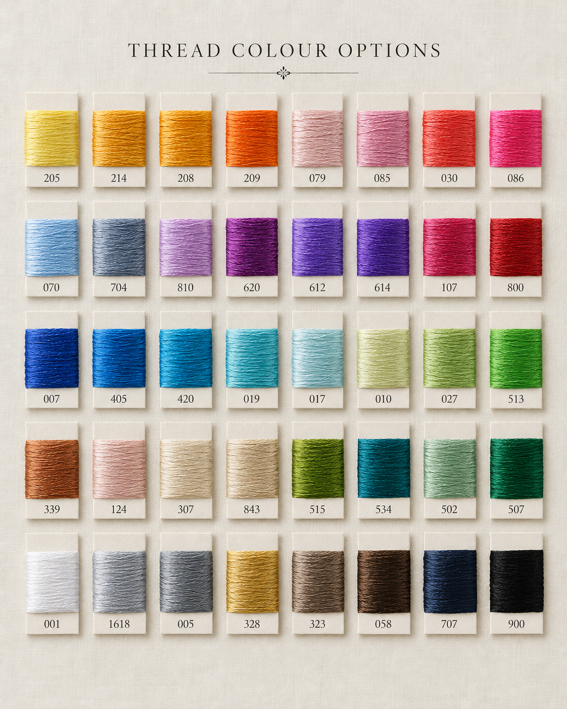 A color options chart for embroidery thread showing 40 small spools of thread arranged in a grid on a light beige background, with labels for thread color options and numbers beneath each spool.