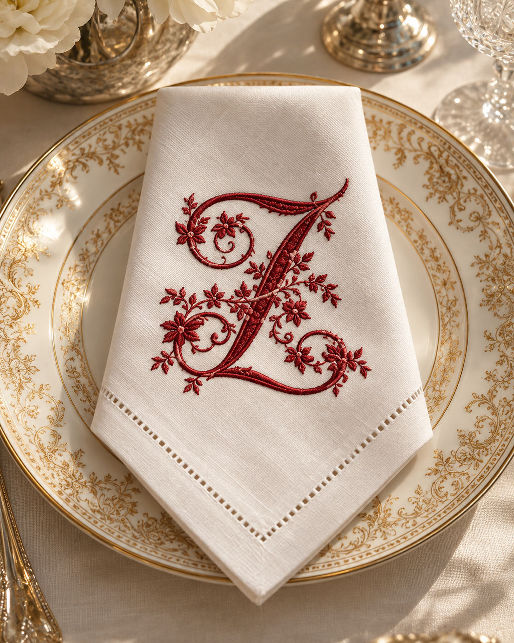 A folded white napkin with a red embroidered monogram letter Z and floral scrollwork, placed on a gold-patterned dinner plate on a table setting.