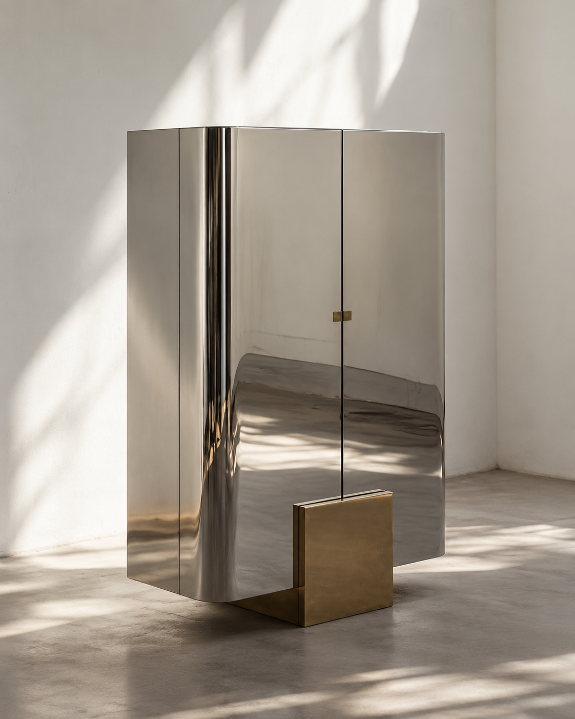 A tall, modern metallic cabinet with reflective silver doors and a matte gold base, photographed in a minimalist room with soft window shadows.