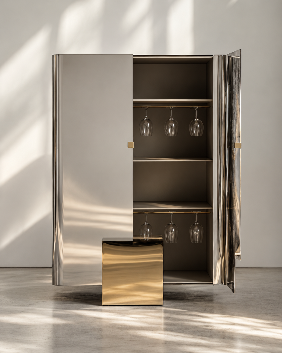 A modern mirrored double-door cabinet with a gold-toned interior and accessories, including hanging wine glasses and a matching gold side table, set against a minimalist wall with soft window shadows.
