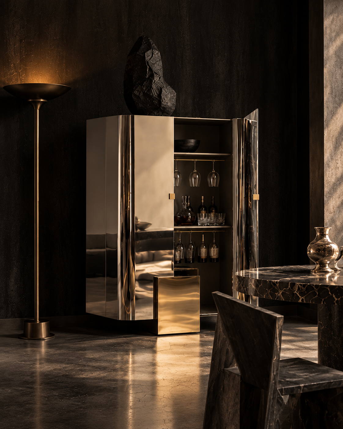 A luxury mirrored bar cabinet with gold hardware, shown open in a dark, elegant room with warm lighting. The cabinet interior is stocked with wine bottles and glassware, and a matching gold bar stool sits in front.