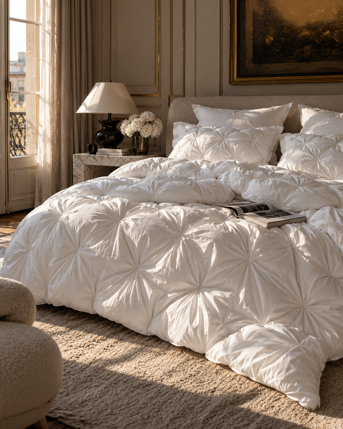 The Cairngorm Down Duvet on a bed in a Parisian bedroom