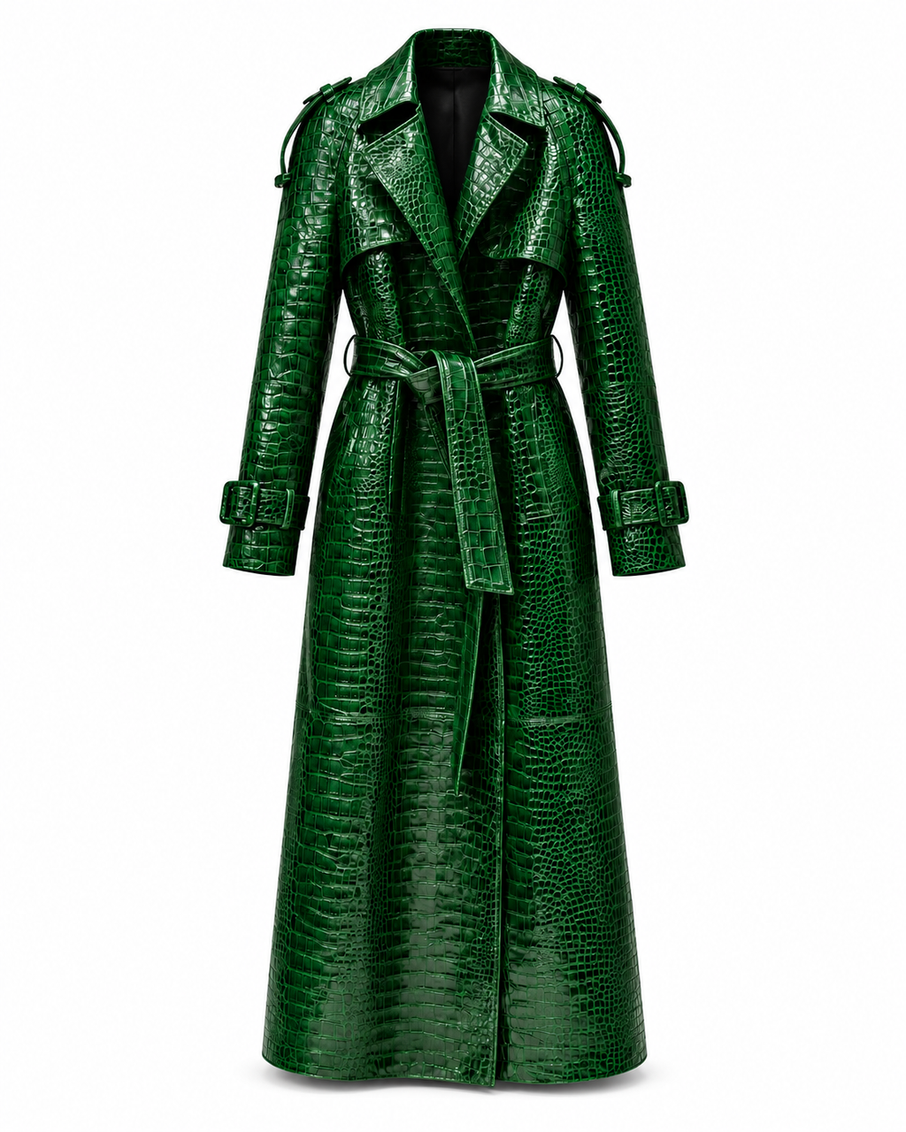 The Riviera Leather Trench in green croc embossed leather, front view with the tie belt knotted