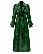 The Riviera Leather Trench in green croc embossed leather, front view with the tie belt knotted