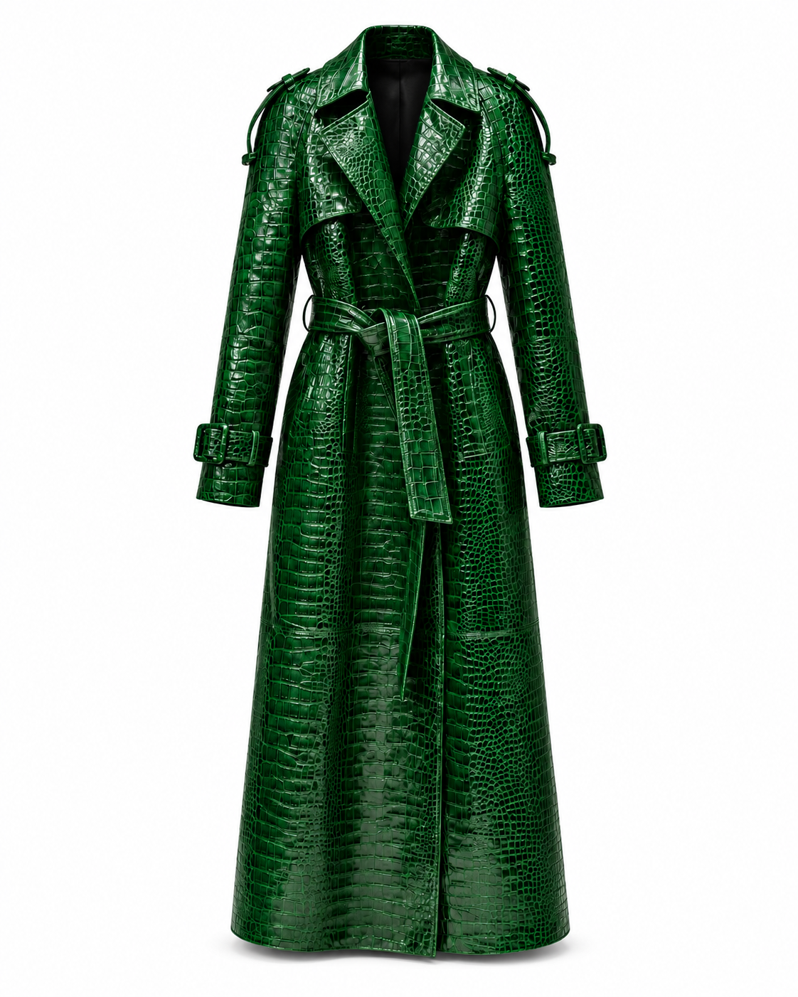 The Riviera Leather Trench in green croc embossed leather, front view with the tie belt knotted