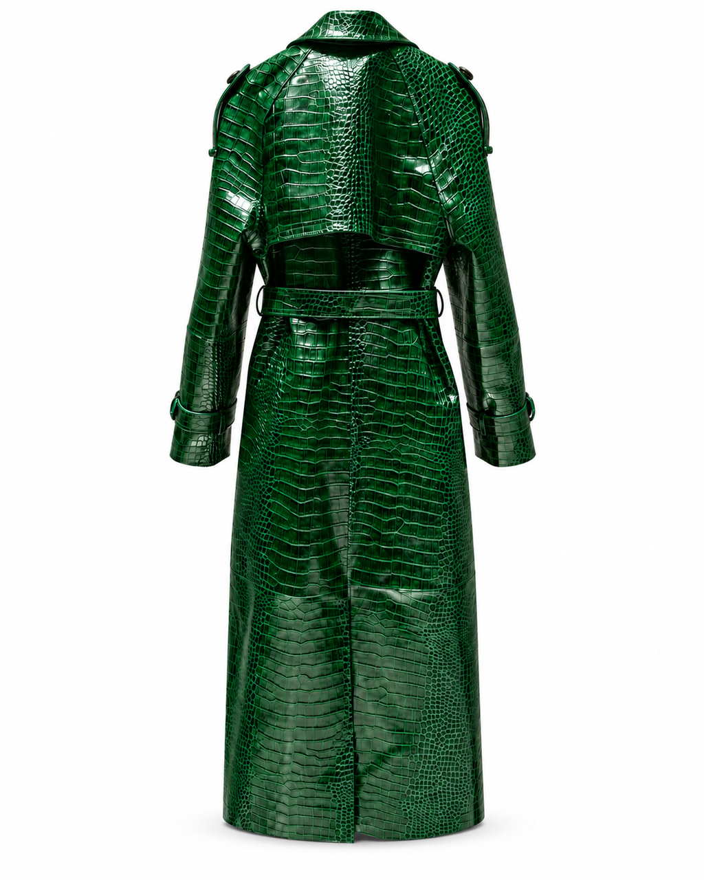Back view of The Riviera Leather Trench in green croc embossed leather
