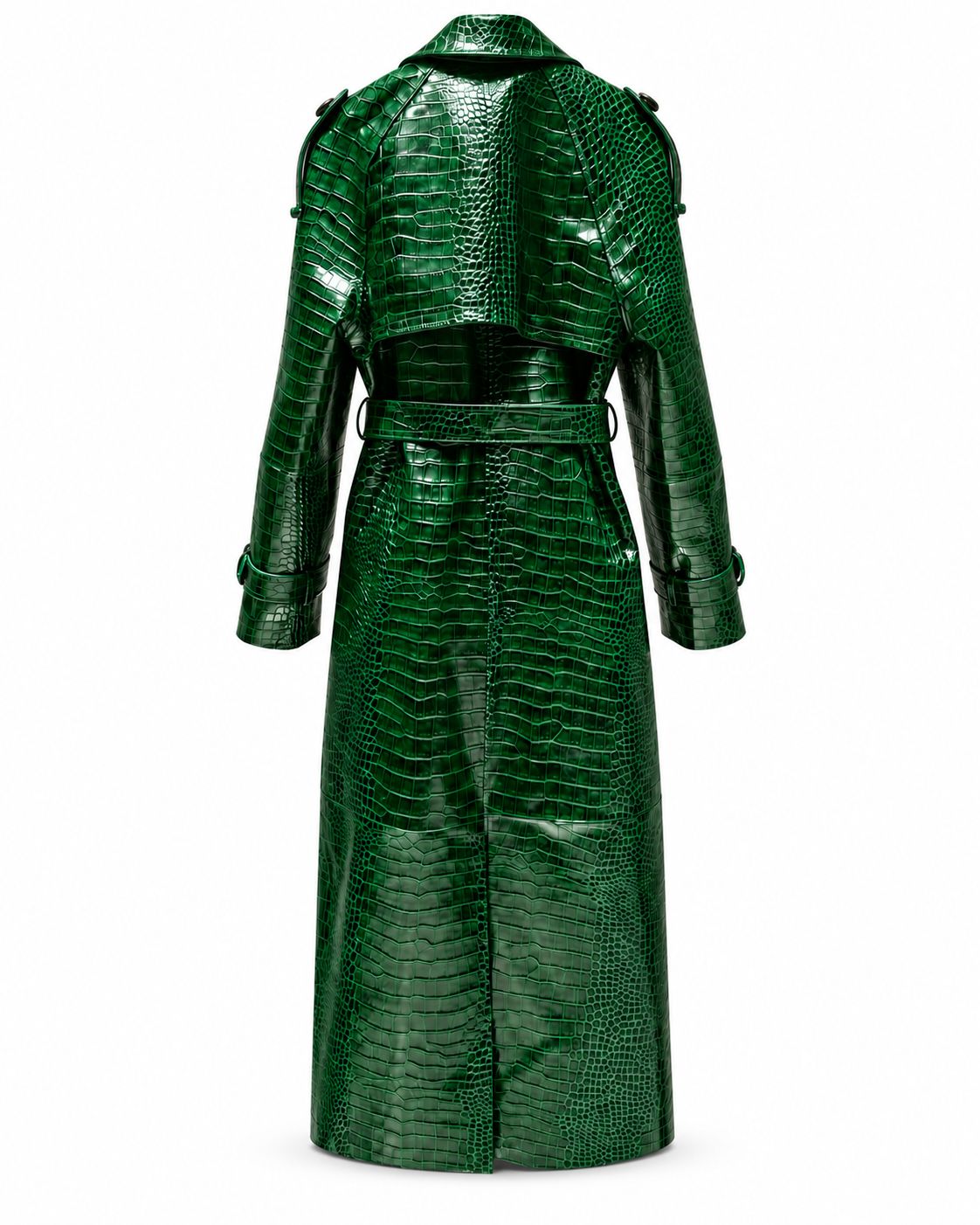 Back view of The Riviera Leather Trench in green croc embossed leather