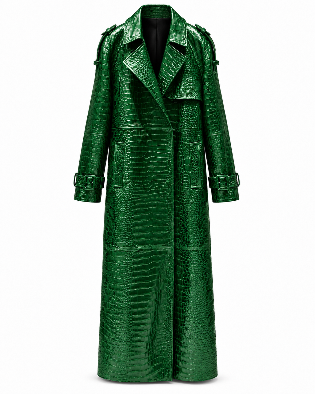 The Riviera Leather Trench in green croc embossed leather, front view, unbelted