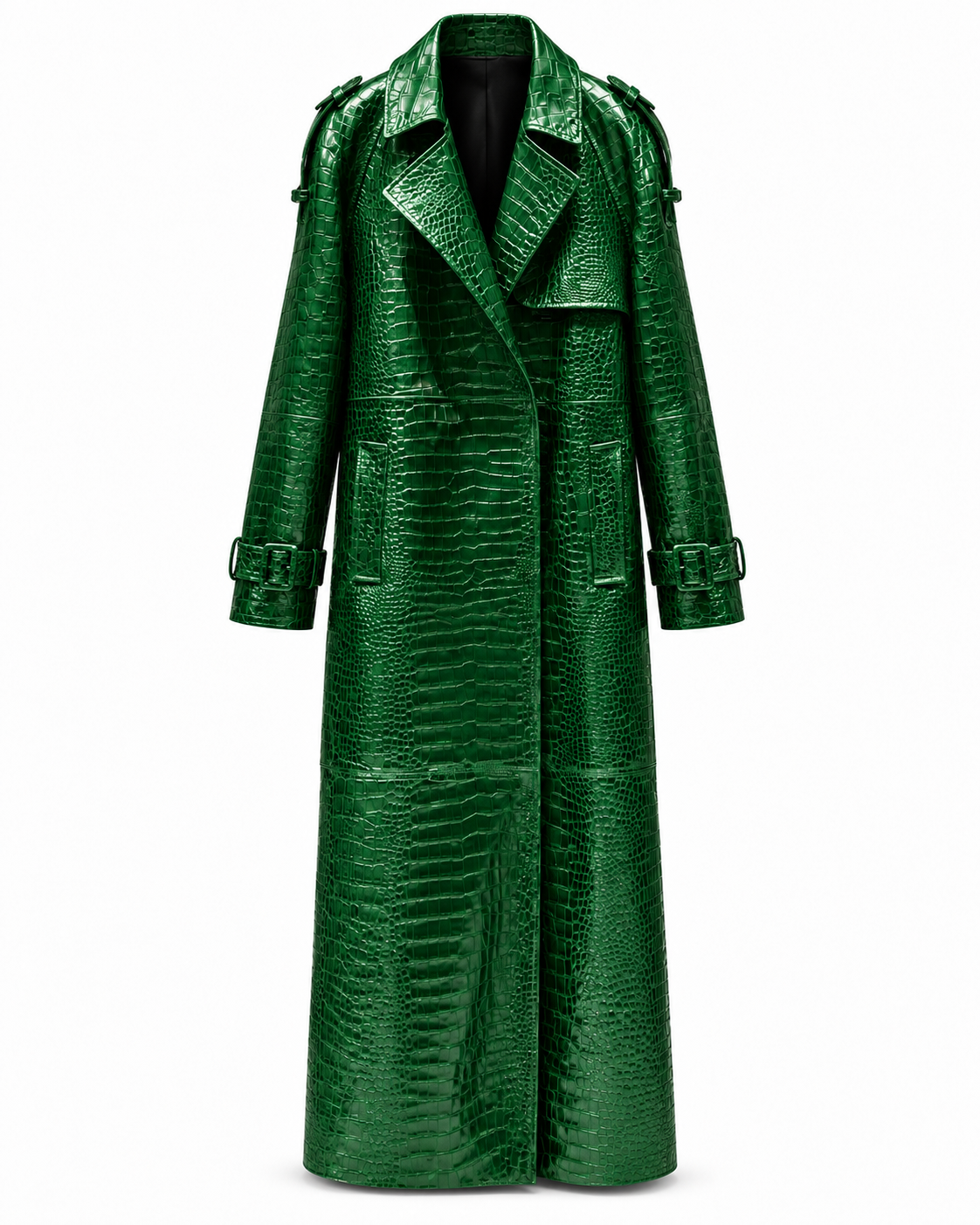 The Riviera Leather Trench in green croc embossed leather, front view, unbelted