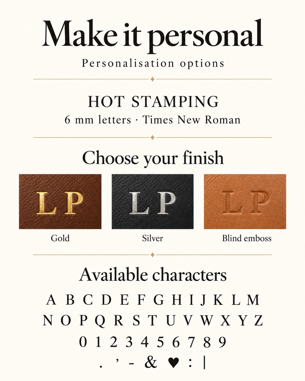 Personalisation options for The Mayfair Card Purse: hot stamping in gold, silver or blind emboss