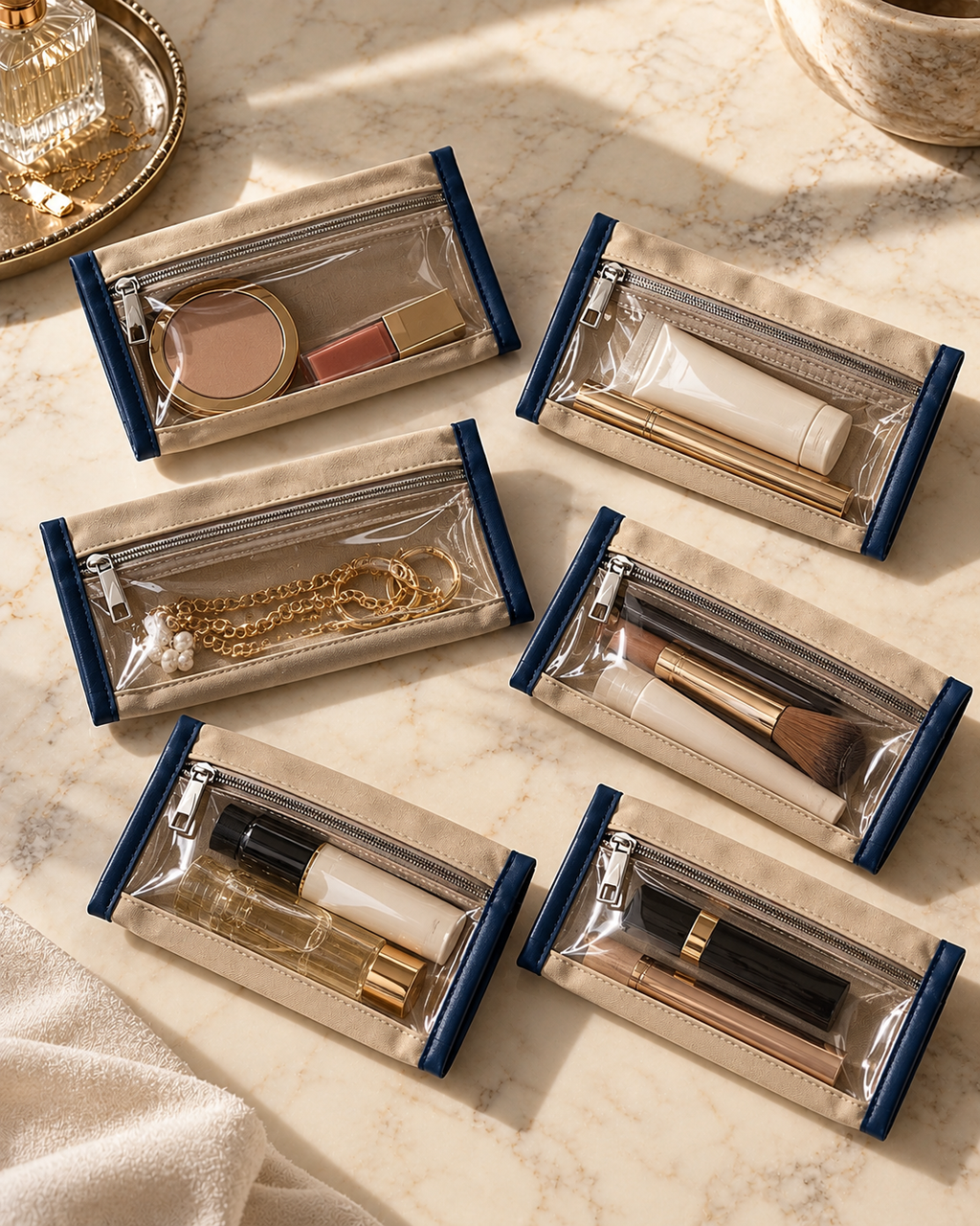 Six beige zippered cosmetic pouches with clear front panels and navy blue trim, arranged on a marble surface with makeup items inside each pouch.