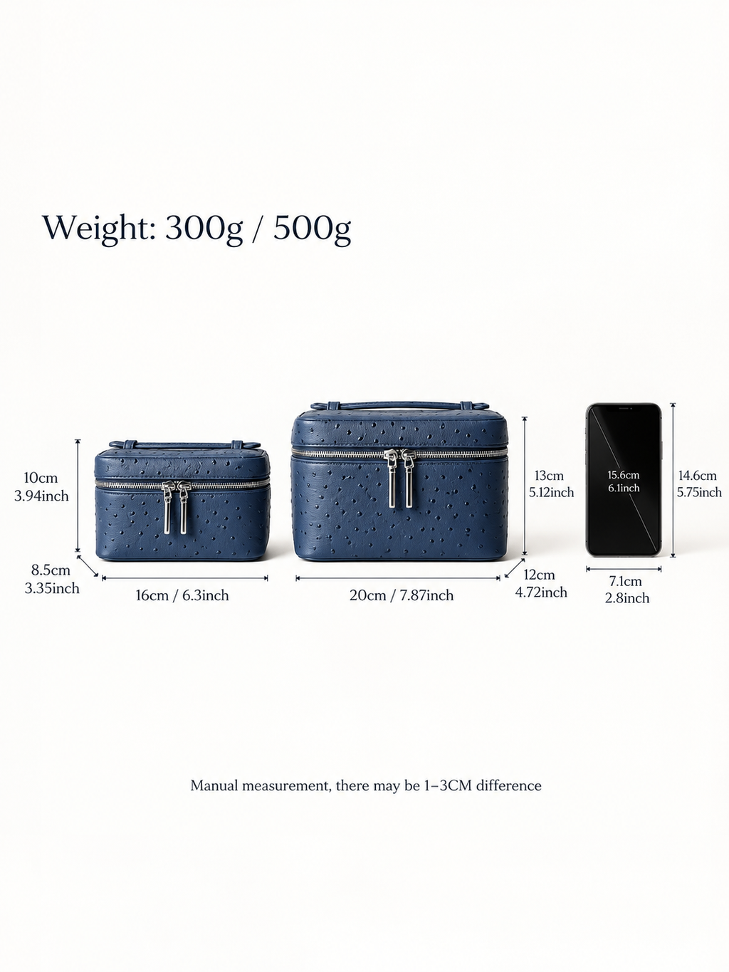 Two navy blue textured cosmetic cases shown with dimension labels and weight text on a white background, alongside a smartphone for scale.