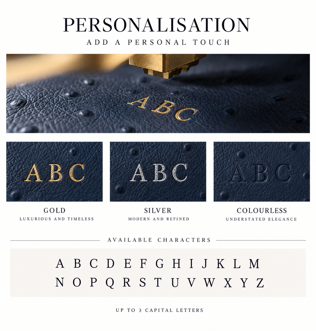 Personalization service graphic showing a close-up of a dark textured leather item with gold lettering, three sample options labeled Gold, Silver, and Colourless, and a row of available alphabet characters.