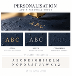 Personalization service graphic showing a close-up of a dark textured leather item with gold lettering, three sample options labeled Gold, Silver, and Colourless, and a row of available alphabet characters.
