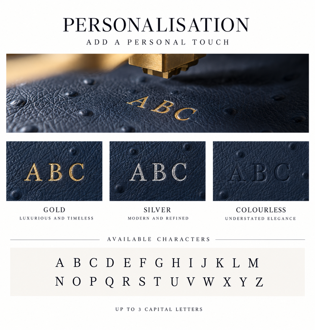 Personalization service graphic showing a close-up of a dark textured leather item with gold lettering, three sample options labeled Gold, Silver, and Colourless, and a row of available alphabet characters.