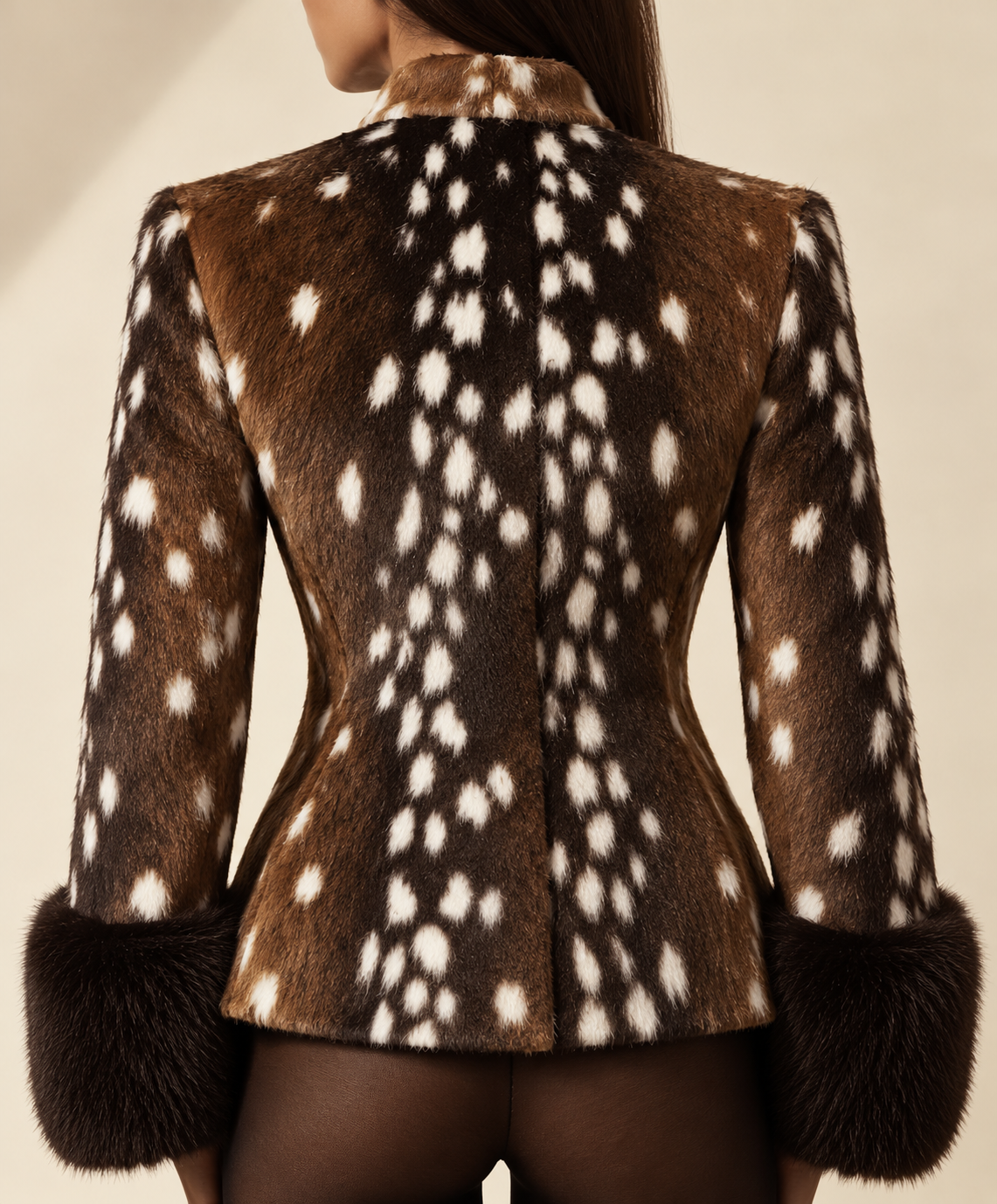 A woman shown from the back wearing a brown fur jacket with a white spotted deer-print pattern and dark fur cuffs, against a plain beige studio background.