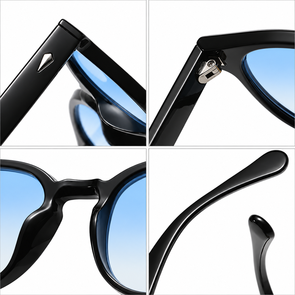 Close-up four-panel view of black sunglasses with light blue lenses, showing the temple, hinge, side detail, and nose bridge on a white background.