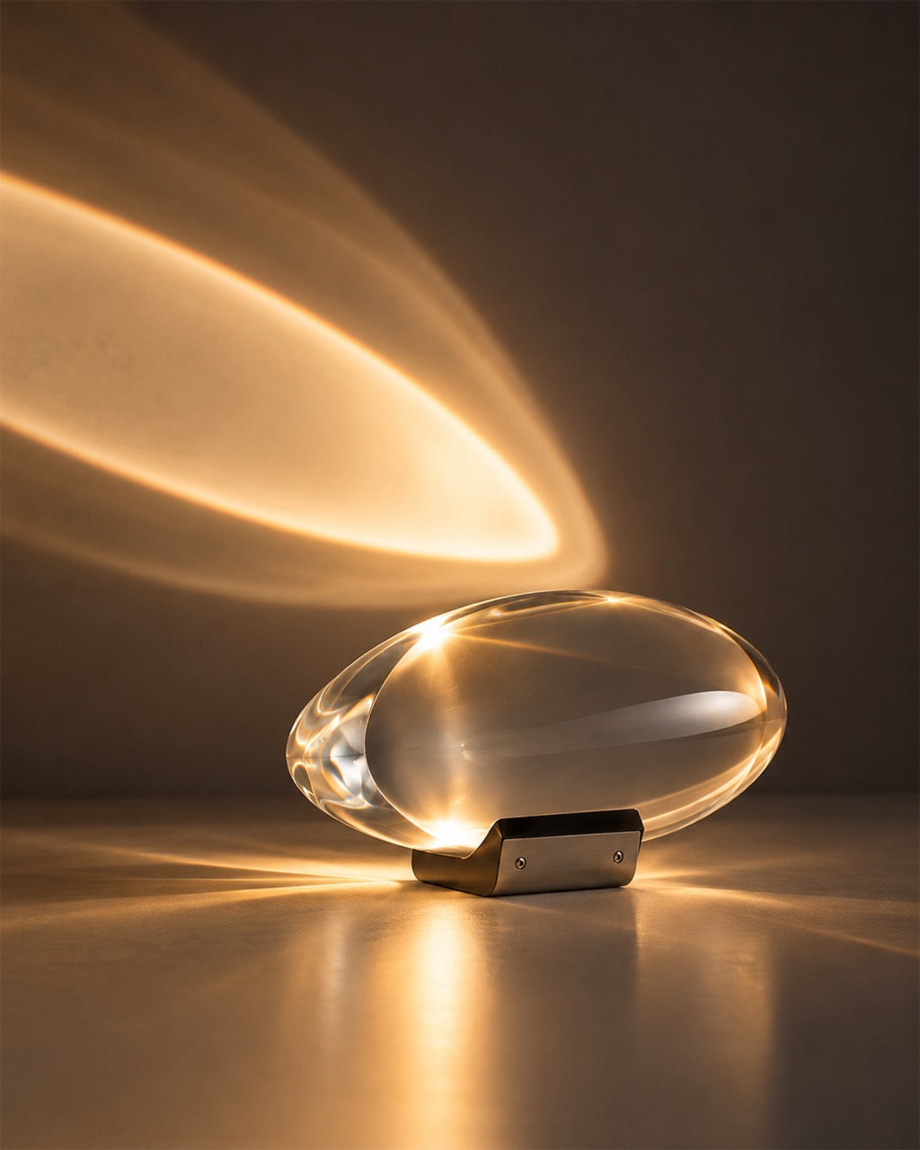 A clear oval glass or acrylic lamp base on a small metallic stand, casting a warm golden light beam across a dark background.