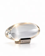 A modern oval table lamp featuring a clear, transparent acrylic or glass shade resting on a brushed metal base, shown against a seamless white background.