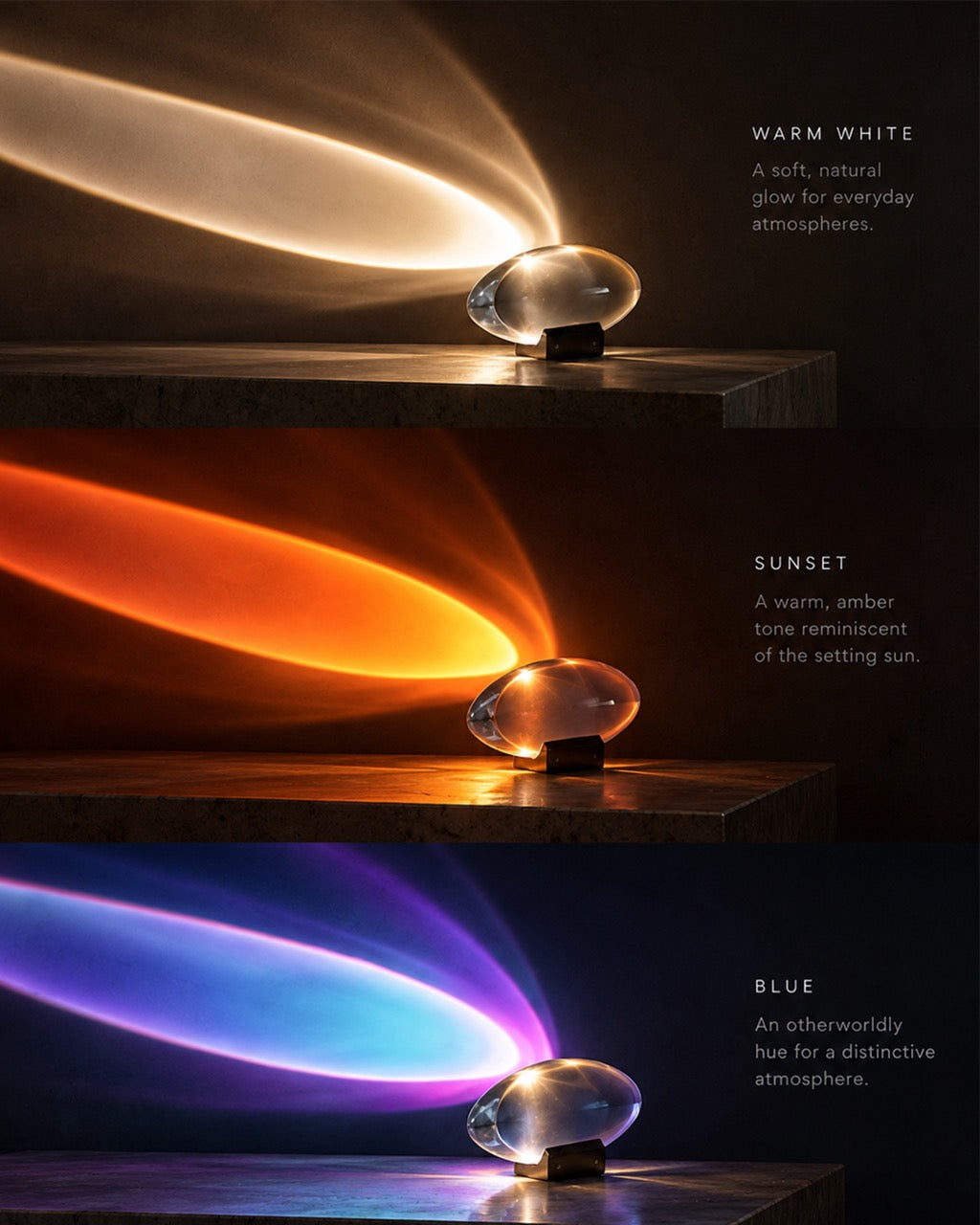 Three stacked product demonstration panels showing a clear oval crystal-like lamp on a small black stand, casting colored light beams in warm white, sunset orange, and blue modes, with descriptive text on a dark background.