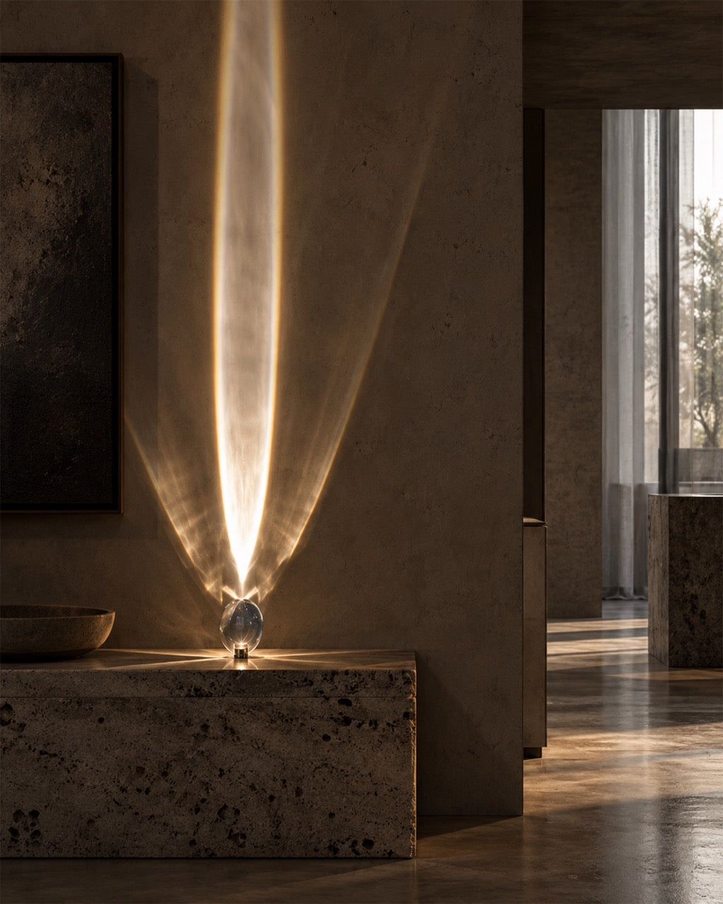 A modern crystal table lamp with a clear faceted base casting a dramatic, warm golden light beam upwards and outwards against a textured concrete wall in a minimalist interior setting.