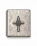 A rectangular silver-toned metal case with an ornate embossed scroll pattern and a central cross motif featuring a rose detail, shown on a plain white background.