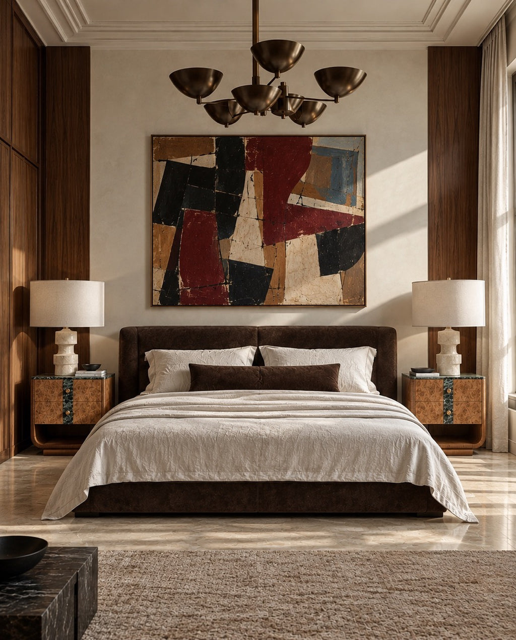 A styled bedroom interior featuring a bed dressed in cream bedding and dark brown pillows, flanked by matching nightstands and lamps, with a large abstract wall art piece above the headboard in red, black, beige, and blue tones.