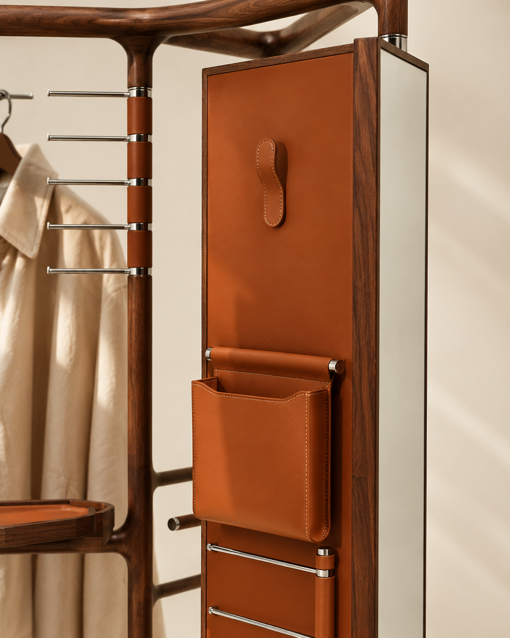 A close-up of a mid-century modern wardrobe organizer with a warm brown wood frame and cognac leather details, including a hanging pocket, a coat rack, and a mirrored drawer front.