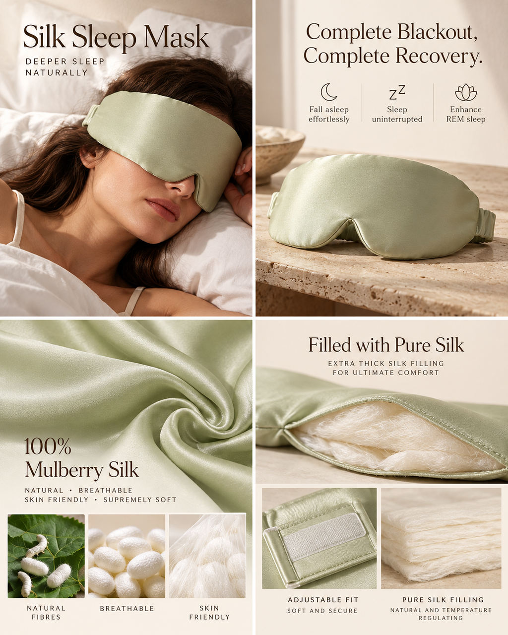 A four-panel marketing graphic for a silk sleep mask. The top-left panel shows a woman wearing a pale sage green sleep mask while sleeping.