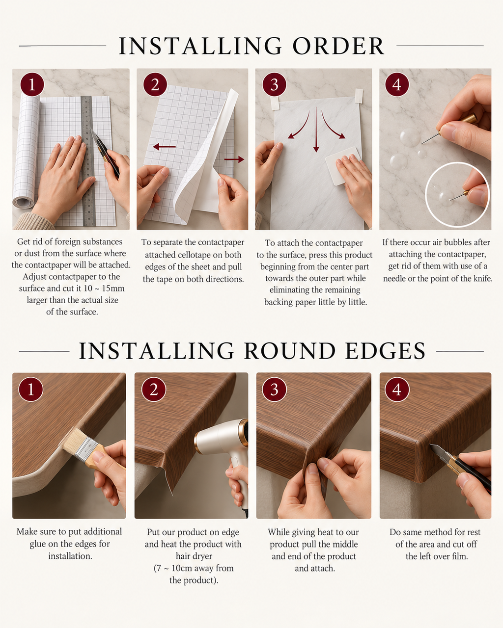 Instruction manual page showing step-by-step instructions for installing a contactpaper, including steps for cleaning, peeling, attaching, and smoothing out the paper on a wooden surface.