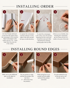Instruction manual page showing step-by-step instructions for installing a contactpaper, including steps for cleaning, peeling, attaching, and smoothing out the paper on a wooden surface.