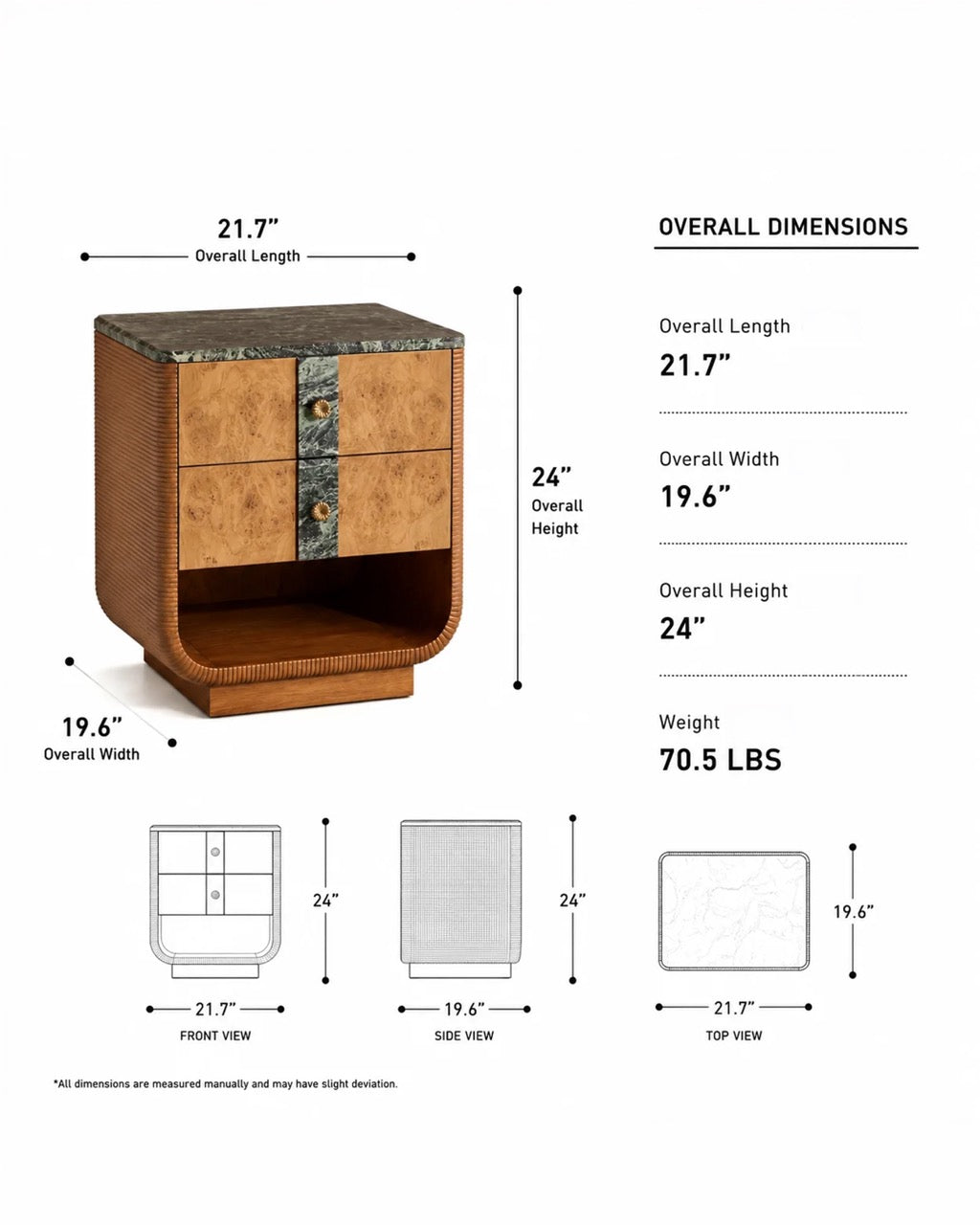 A dimension diagram of a two-drawer nightstand cabinet with labeled measurements, including overall length, width, and height, plus front, side, and top view cross-sections on a white background.