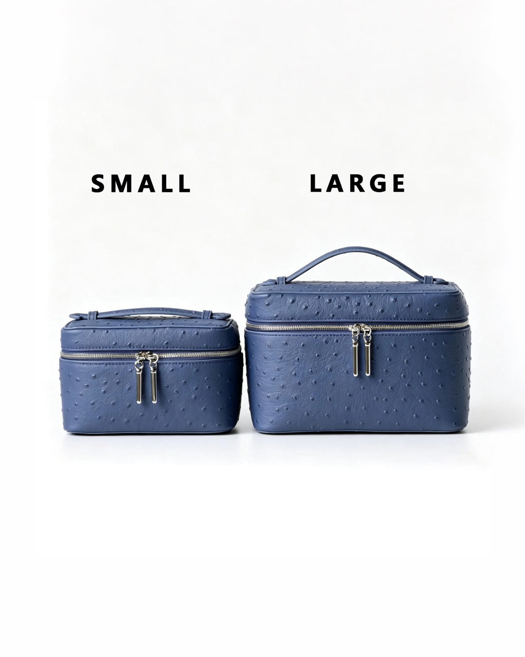 Two blue textured cosmetic bags shown side by side on a white background, labeled SMALL and LARGE above them. The bags have a smooth embossed pattern, zip-top closures, and top handles.