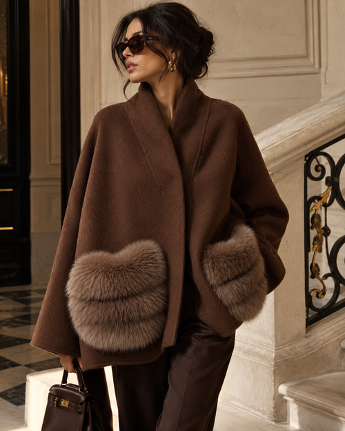 A woman wearing a brown shawl collar coat with large brown fur-trimmed pockets, styled with dark sunglasses, dark trousers, and a dark brown handbag in an elegant indoor setting with a staircase.