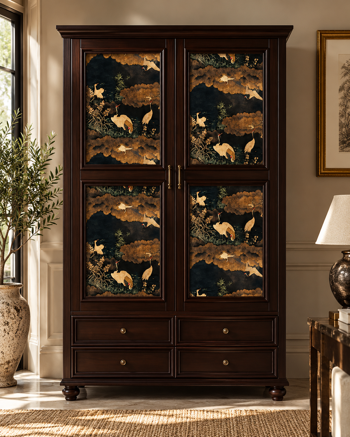 A tall dark wood armoire cabinet with four decorative doors featuring a gold and black nature print of deer and birds, set in a styled room with a window, potted plant, and lamp.