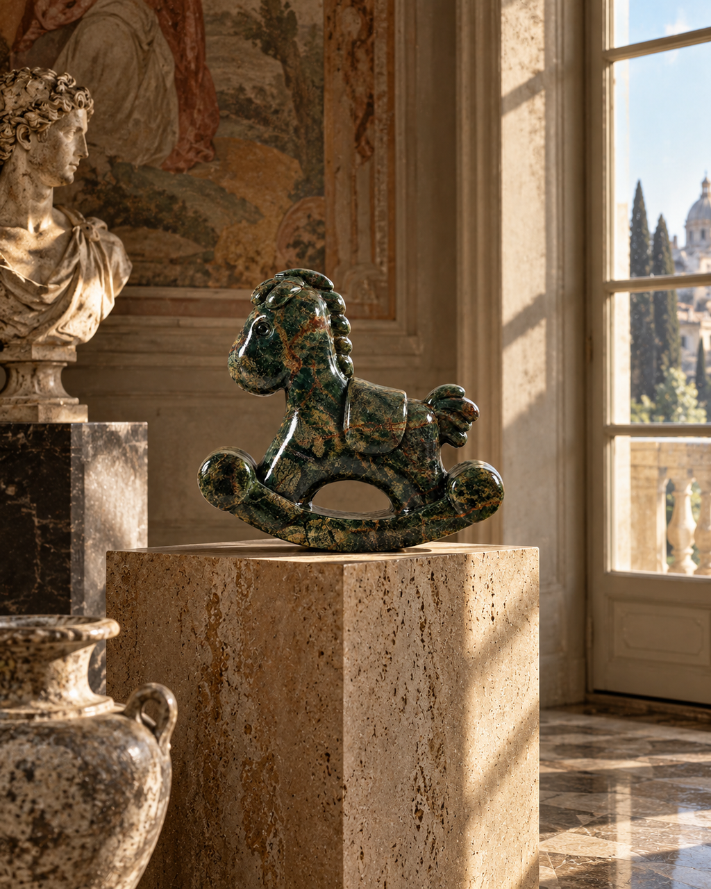 A green glazed ceramic rocking horse figurine displayed on a beige stone pedestal inside a sunlit classical room with a window, paintings, and a bust.