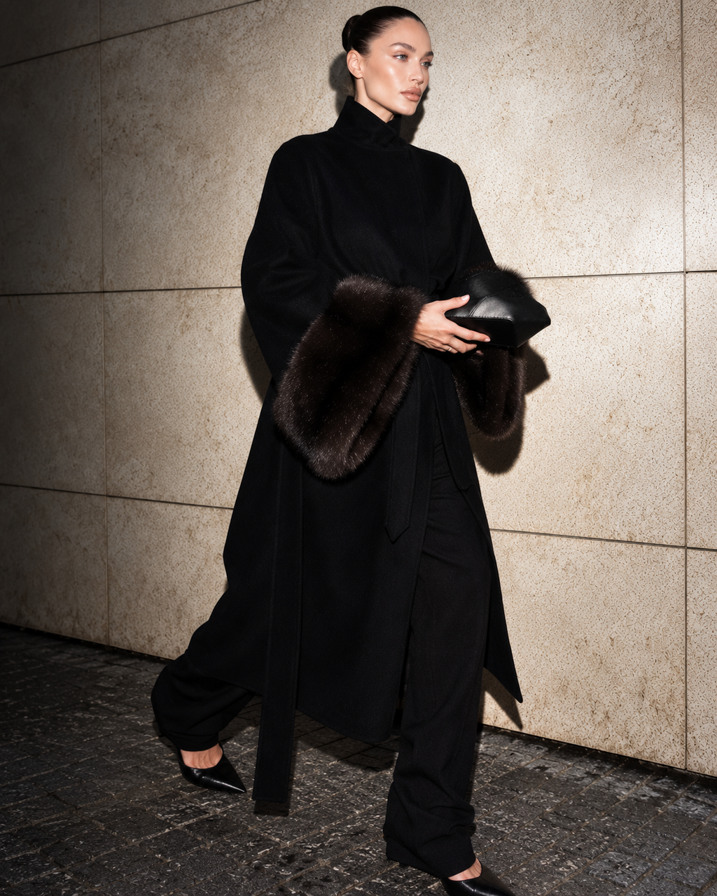A model walks against a textured stone wall wearing a long black high-neck coat with dark brown fur trim on the collar and cuffs, paired with black trousers and holding a black clutch.