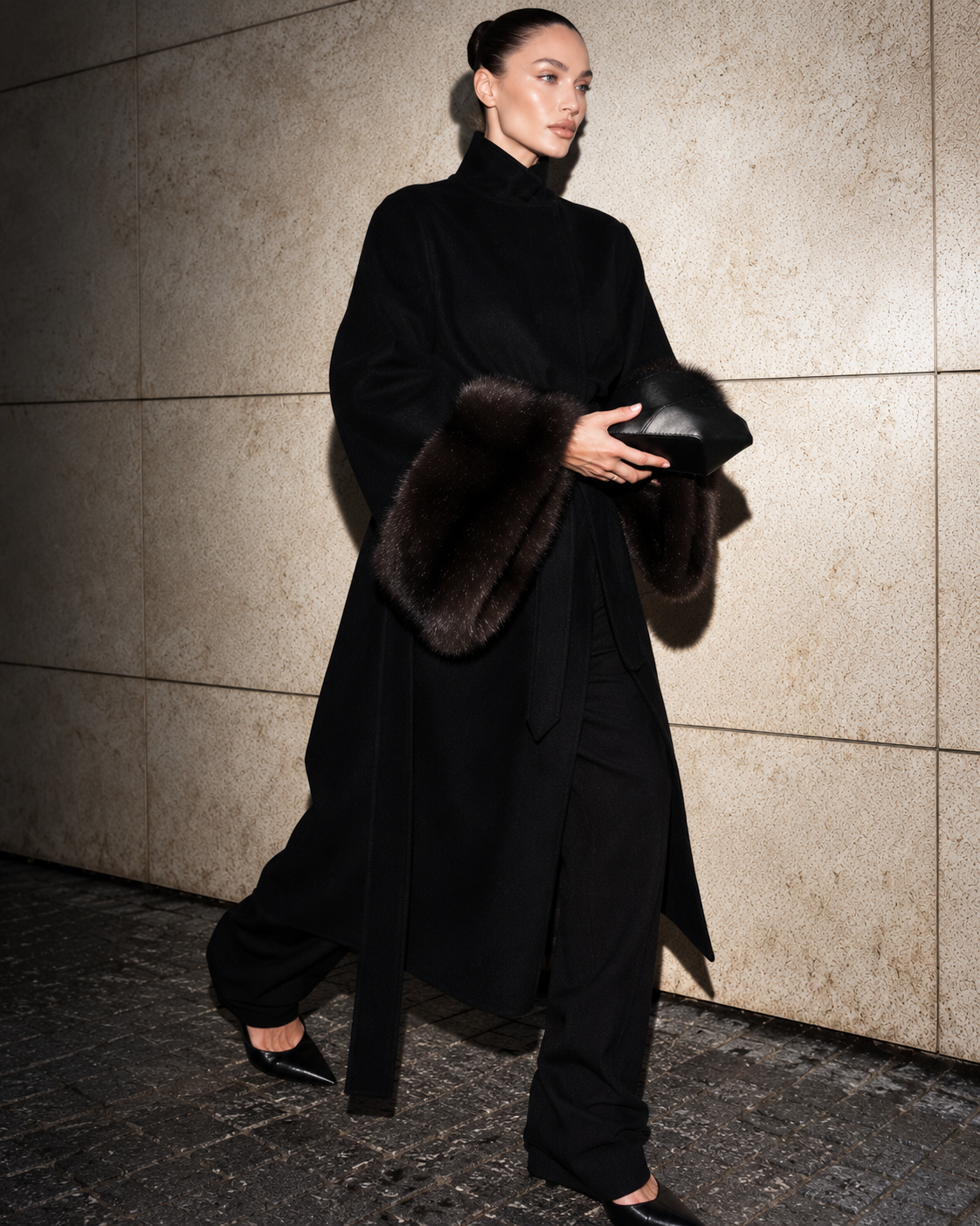 A model walks against a textured stone wall wearing a long black high-neck coat with dark brown fur trim on the collar and cuffs, paired with black trousers and holding a black clutch.