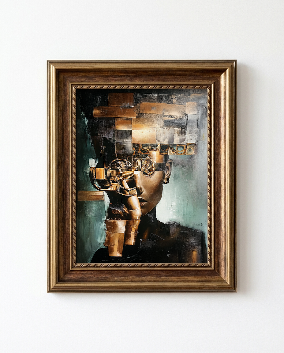 A framed portrait painting of a woman's face and upper body rendered in dark teal, black, and metallic gold tones, set in a wide ornate gold frame against a plain white wall.