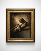 A framed classical-style painting of a leopard resting on a tree branch, shown against a light gray wall. The artwork features a dark brown and black background with a textured gold inner frame and a black outer frame.