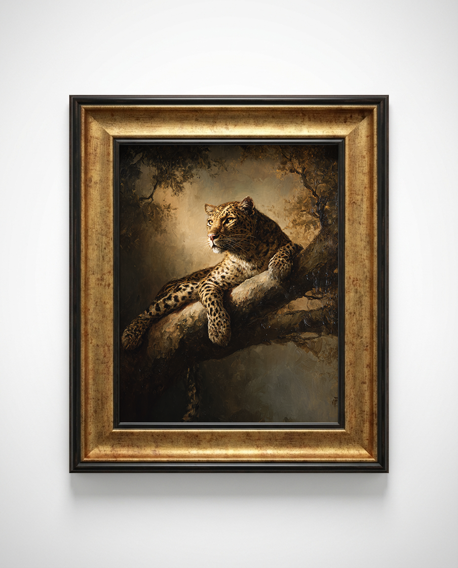 A framed classical-style painting of a leopard resting on a tree branch, shown against a light gray wall. The artwork features a dark brown and black background with a textured gold inner frame and a black outer frame.