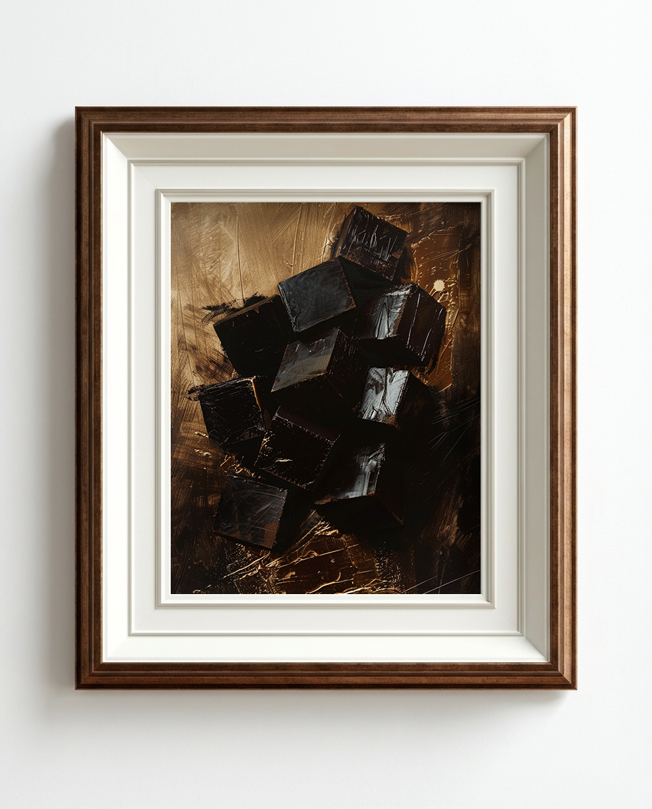 Framed abstract wall art featuring a dark cluster of black and brown geometric forms, presented in a white mat and a warm brown wooden frame against a white wall.
