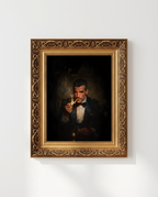 A framed portrait painting of a man in a dark suit holding a cigar, displayed on a light gray wall. The artwork is enclosed in an ornate gold frame.
