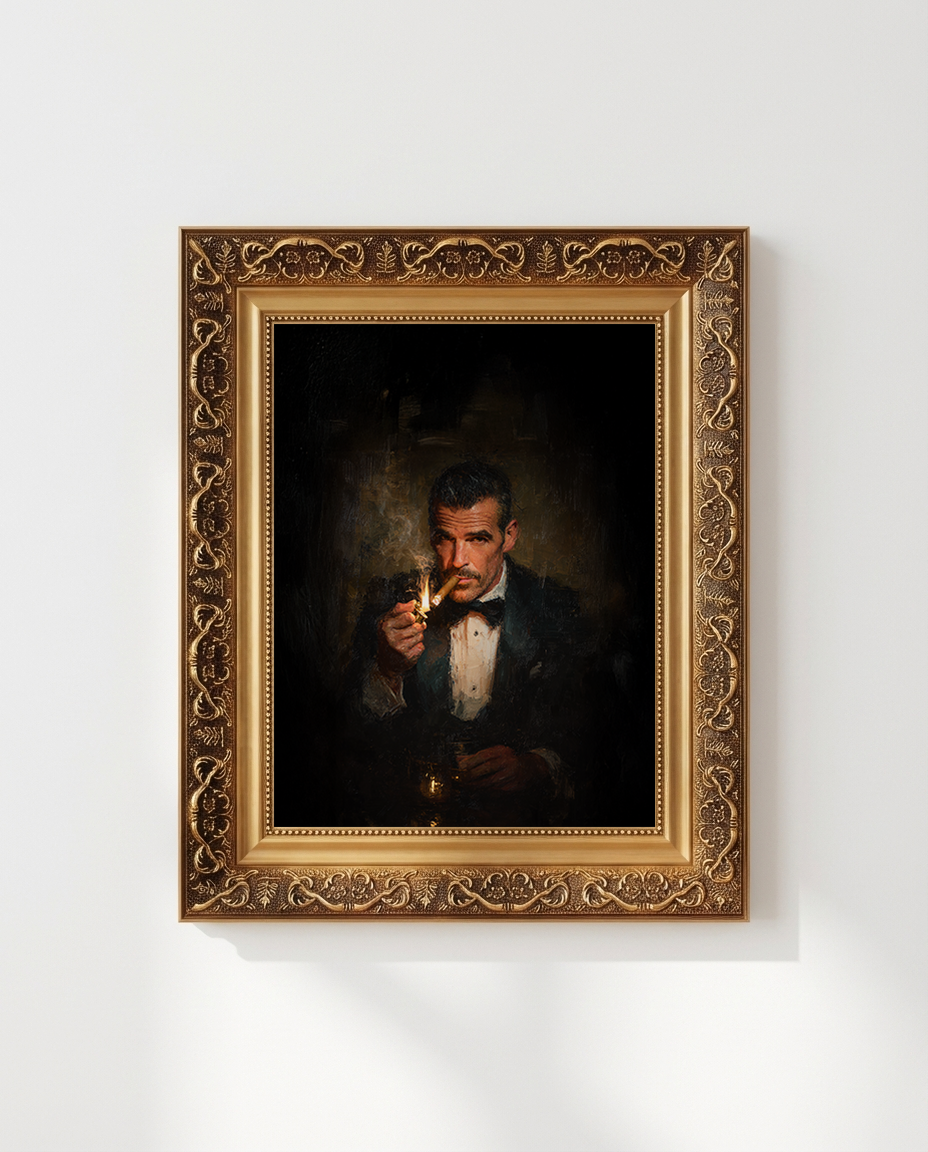 A framed portrait painting of a man in a dark suit holding a cigar, displayed on a light gray wall. The artwork is enclosed in an ornate gold frame.