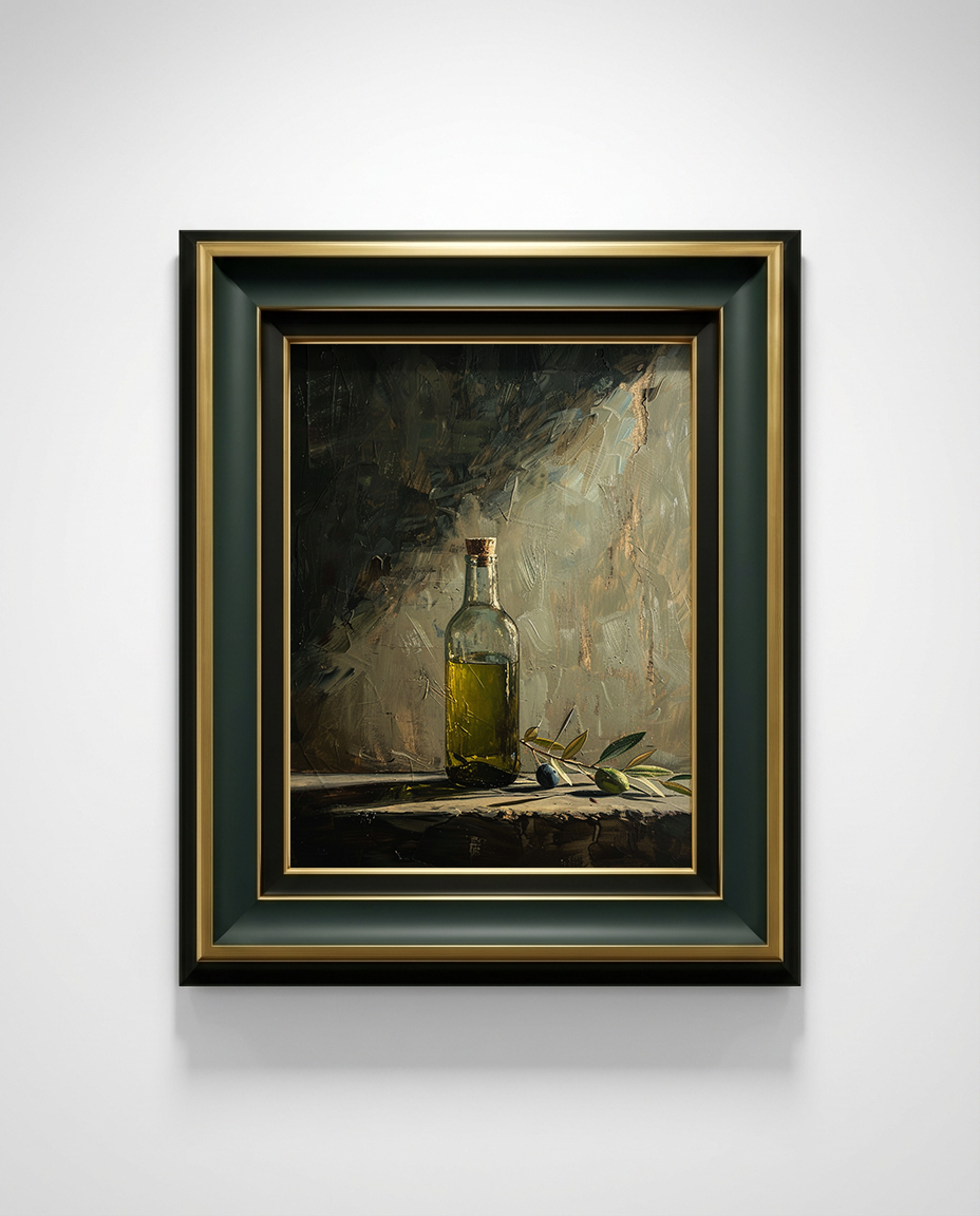 Framed still life wall art showing a glass bottle with green oil and olives on a dark textured background, presented in a black frame with gold inner trim and a dark green outer border.