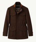 A dark brown textured jacket with a high collar, button snap closure, and four front flap pockets, shown on a plain light background.