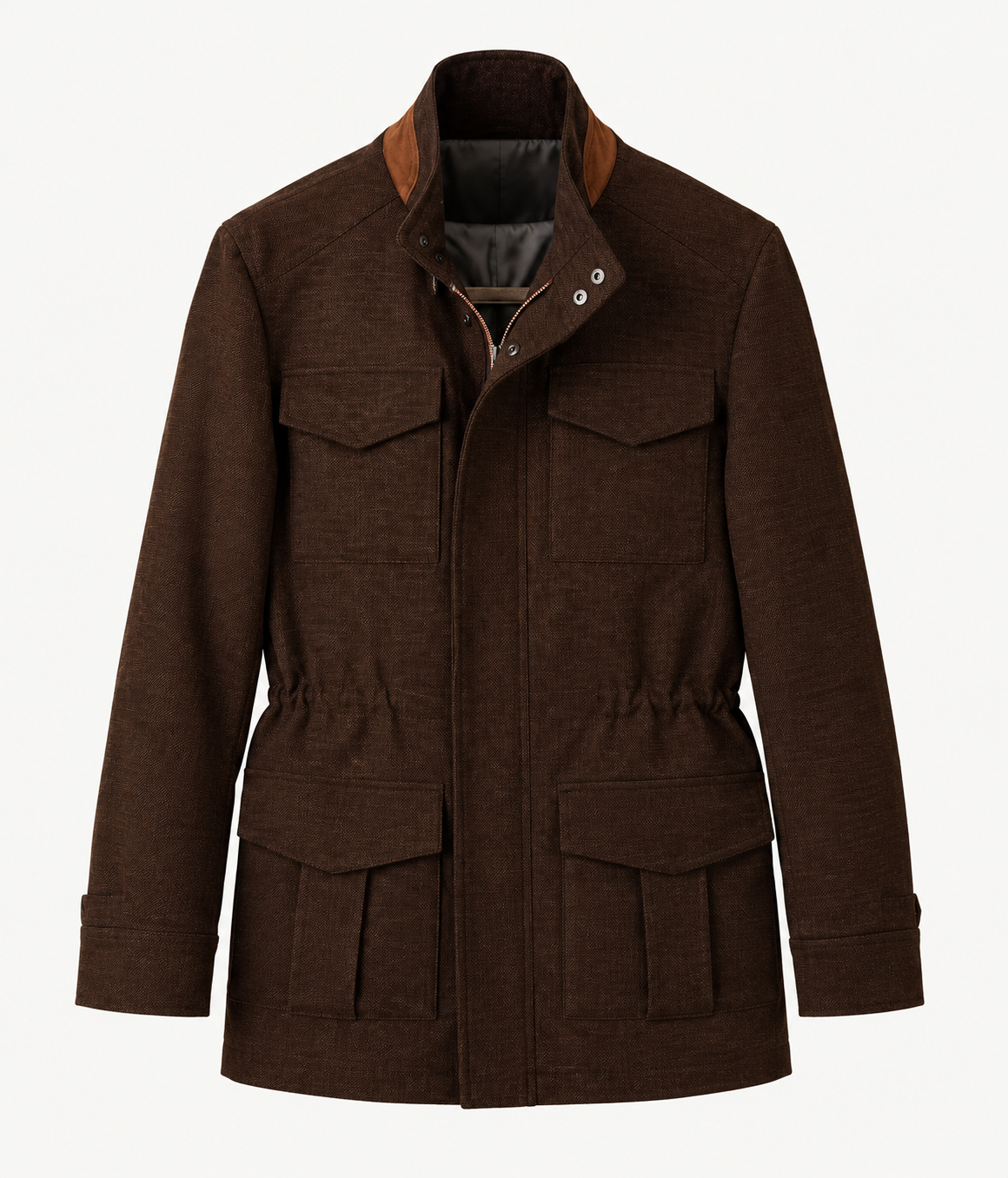 A dark brown textured jacket with a high collar, button snap closure, and four front flap pockets, shown on a plain light background.