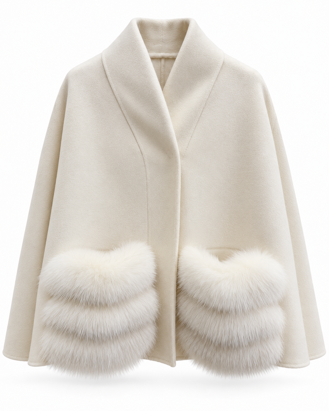 An off-white cape-style coat with a shawl collar and fluffy faux-fur trim along the front opening and cuffs, shown on a plain white background.