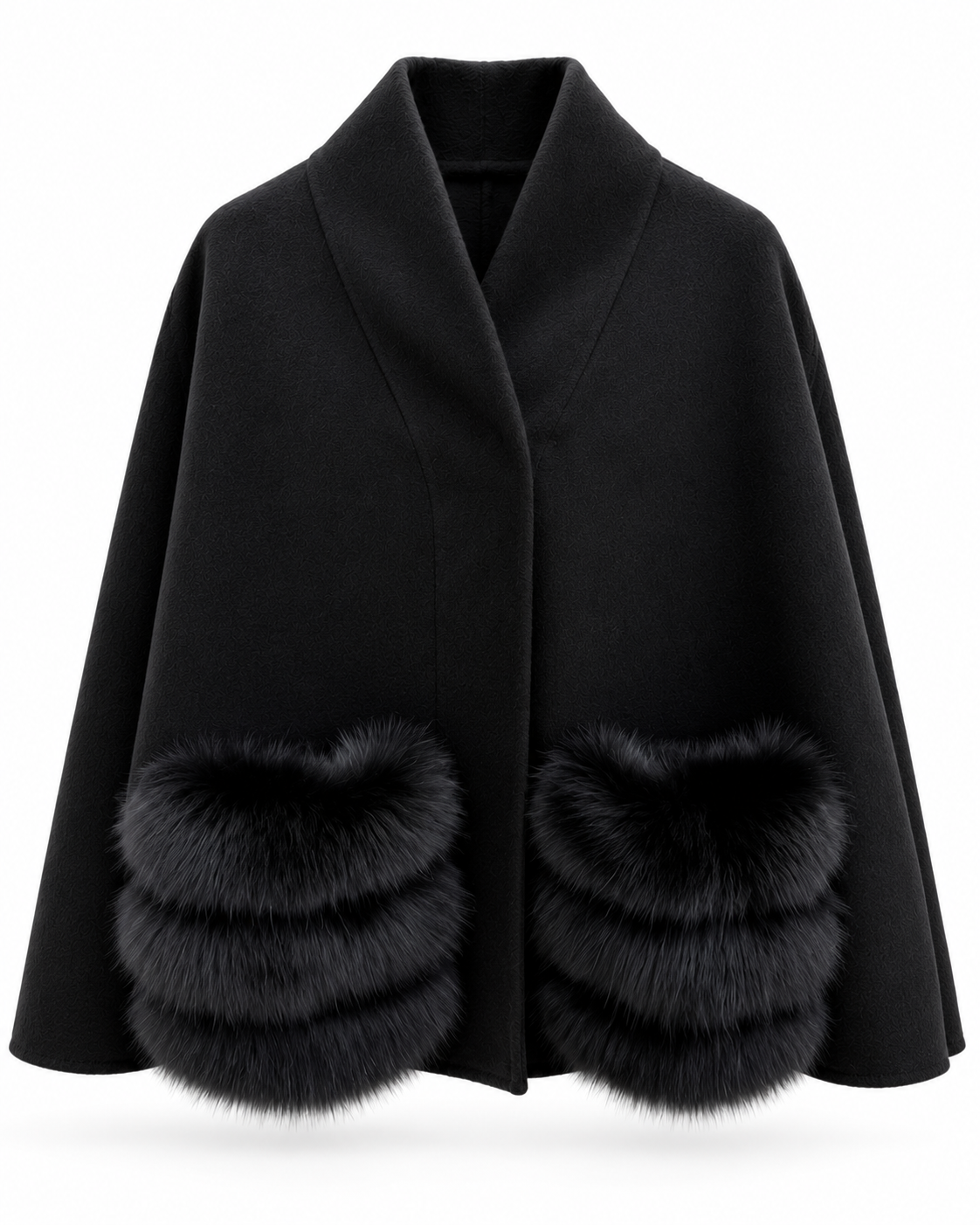 A black cape-style coat with wide lapels and double rows of fluffy black fur trim at the lower front, shown on a plain white background.
